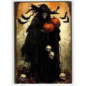 Vintage Halloween Postcard Skeleton Witch with Pumpkins & Skulls Art